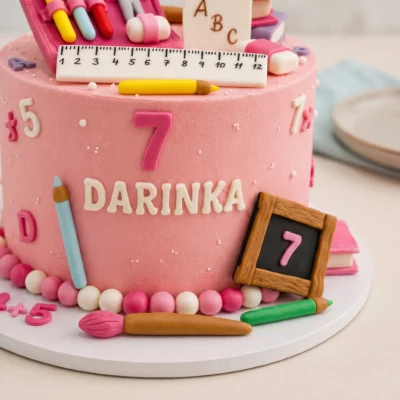 Detail růžového školního dortu s pastelkou, tabulkou, čísly a dalšími školními pomůckami.