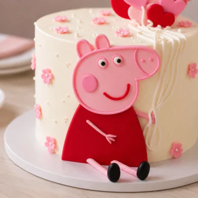 Detail postavičky Prasátka Peppy na bílém dortu s růžovými kvítky a srdíčkovým zdobením.