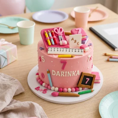Dětský školní dort s pastelkami a školními pomůckami v širší slavnostní scéně na prostřeném stole.