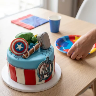 Dort Avengers připravený na oslavě s rukou pokládající talířek vedle dortu a výraznými superhrdinskými dekoracemi nahoře.