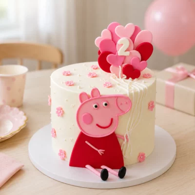 Dort Prasátko Peppa se srdíčky s růžovými balónky, kvítky a bílým krémovým povrchem na světlém slavnostním stole.