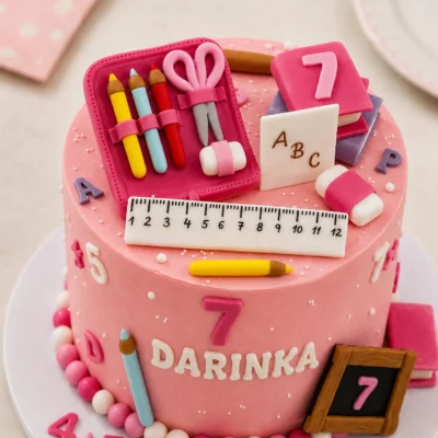 Horní detail školního dortu s pastelkami, nůžkami, pravítkem, písmenky a knížkami.
