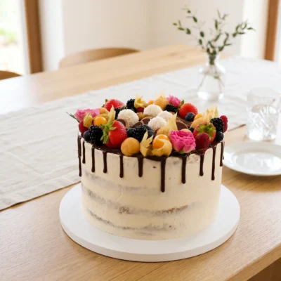 Krémový ovocný dort Raffaello a Toffifee s čokoládovým dripem, jahodami, ostružinami, physalis, kokosovými kuličkami a květinami.