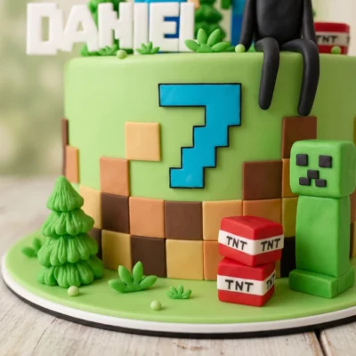 Detail Minecraft dortu s creeperem, TNT bloky, pixelovým zdobením, stromkem a zeleným herním motivem na boku dortu.