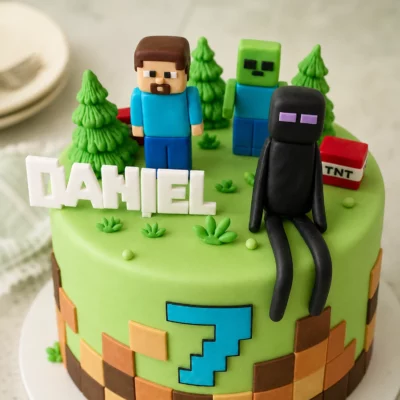 Detail horní části Minecraft dortu s ručně modelovanými postavičkami, TNT blokem, stromy a zeleným herním zdobením.