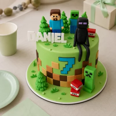 Minecraft dort s kostkovaným zdobením po straně, zeleným creeperem, TNT bloky, stromky a herní atmosférou.
