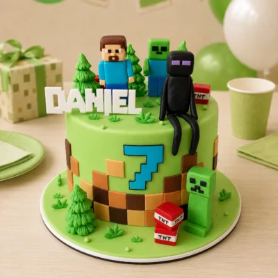Minecraft dort s postavičkami a TNT v zeleném provedení, s kostkovaným zdobením, stromy, creeperem a herními detaily.