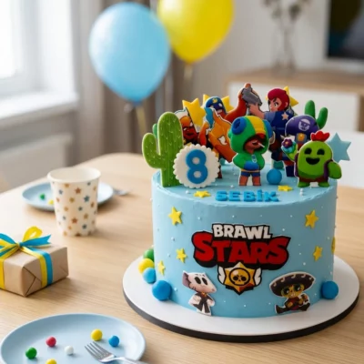Narozeninový dort Brawl Stars na dětském oslavovém stole s balónky, talířky a dárkem v pozadí.