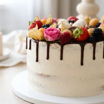 Detail boku ovocného dortu Raffaello a Toffifee s krémovým naked vzhledem, čokoládovým dripem, jahodami, malinami, ostružinami a physalis.