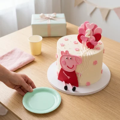 Dort Prasátko Peppa se srdíčky při servírování na světlém stole s pastelovým talířkem, kelímkem a dárkem v pozadí.