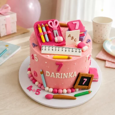 Školní narozeninový dort s pastelkami, pravítkem, písmenky a školními pomůckami v růžovém provedení.