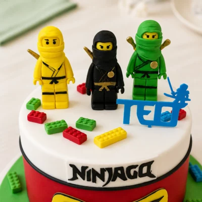 Detail horní části dortu Ninjago se třemi ručně modelovanými figurkami ninjů, barevnými LEGO kostičkami a modrým jmenným zápichem.