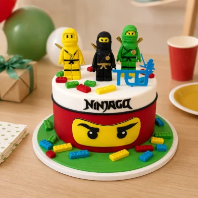 Dort Ninjago s LEGO kostičkami, třemi ninja figurkami, nápisem Ninjago a stylizovanou maskou na boku.