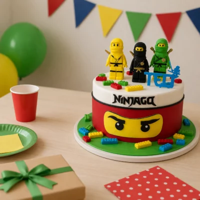 Ninjago dort na slavnostním stole s barevnou vlajkovou girlandou, balónky, dárkem a dětským nádobím.