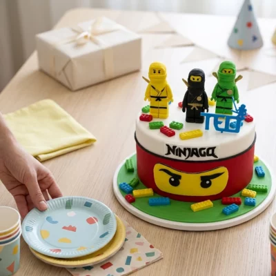 Lifestylový záběr dortu Ninjago při přípravě servírování s rukou pokládající talířky na stůl.
