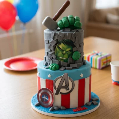 Dvoupatrový dort Avengers s Hulkem na dětské oslavě s balónky, talířkem a dárkem v pozadí.