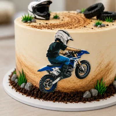 Detail boku dortu s jedlým obrázkem motorkáře na modré motorce, tmavým drobením, kamínky a zelenými trsy trávy.