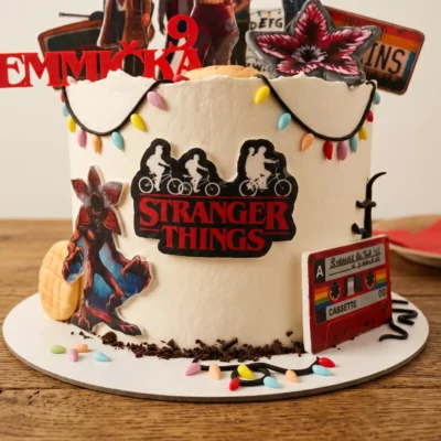 Detail boku dortu Stranger Things s červeným logem, světelnou girlandou, kazetou, monstrem a drobenkovým spodním okrajem.