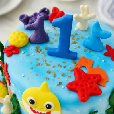 Detail horní části dortu Baby Shark s modrým vrškem, podmořskými tvary, hvězdicemi a mořským zdobením.