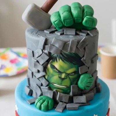 Detail horního patra dortu Avengers s Hulkem prorážejícím šedou zeď, zelenými rukami a kladivem nahoře.