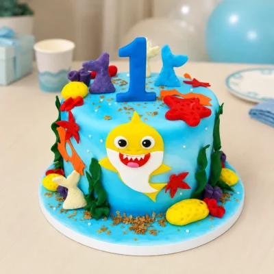 Dort Baby Shark ve světle modrém provedení se žlutým žralokem, mořskými dekoracemi a barevným podmořským zdobením.