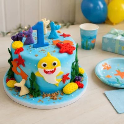 Dort Baby Shark na slavnostním stole s modrým talířkem, papírovým kelímkem, dárkovou krabičkou a mořskými doplňky.