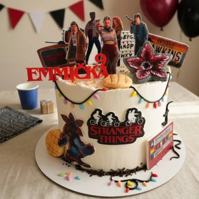 Dort Stranger Things s bílým krémovým základem, červeným logem, světelnou girlandou a seriálovými dekoracemi.