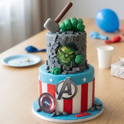Dvoupatrový dort Avengers s Hulkem, modrým horním patrem, červenobílými pruhy, štítem a superhrdinským zdobením.
