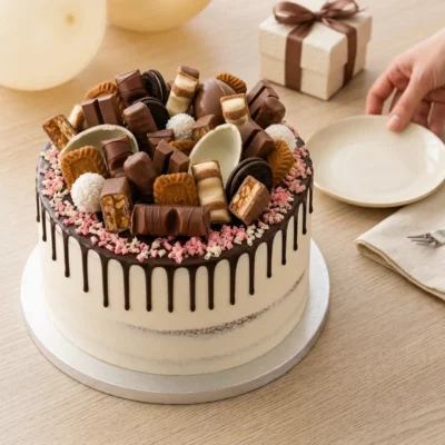 Lifestylové foto dortu s Kinder sladkostmi při přípravě servírování, s talířkem, ubrouskem, dárkem a bohatým čokoládovým zdobením.