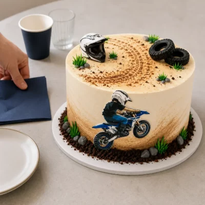 Lifestylový záběr dortu s motorkou, motorkářem na modré motorce, tmavým kelímkem a ubrouskem na světlém stole.