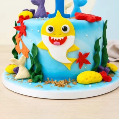 Přední detail dortu Baby Shark se žlutým žralokem, mořskými rostlinkami, hvězdicemi a podmořskými prvky kolem spodní části.