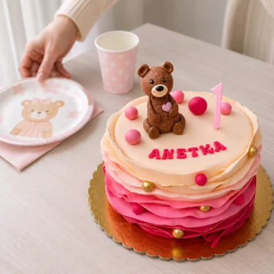 Lifestylový záběr dortu s medvídkem při přípravě slavnostního stolu s dětským talířkem a pastelovým prostíráním.