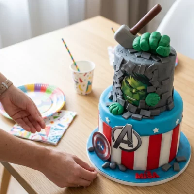 Dvoupatrový dort Avengers s Hulkem při přípravě slavnostního stolu s barevným talířkem a dětským prostřením.