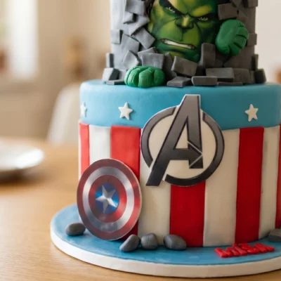 Detail spodního patra dortu Avengers s červenobílými pruhy, štítem Kapitána Ameriky, logem Avengers a modrou podložkou.