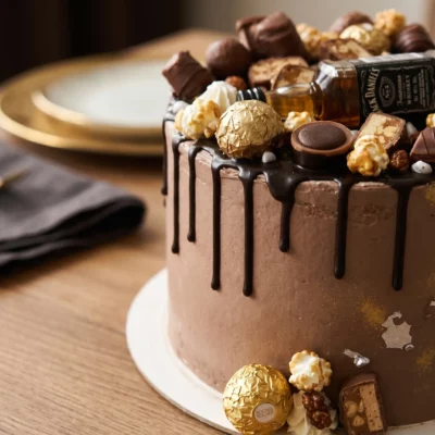 Detail čokoládového dripu, zlatých pralinek, čokoládových kousků a mini lahvičky na dortu s Jack Daniel’s.