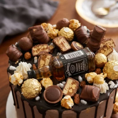 Detail horní části čokoládového dortu s mini lahvičkou Jack Daniel’s, čokoládovými sladkostmi, pralinkami a tmavým dripem.