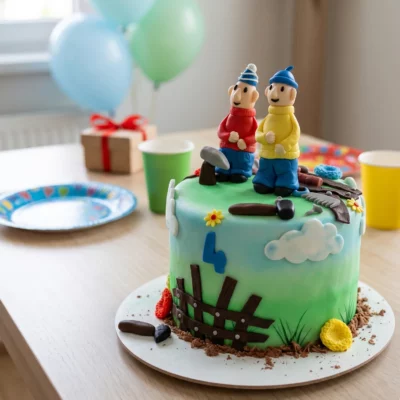 Dort s Patem a Matem v dětské narozeninové scéně s barevnými balónky, papírovými kelímky a talířky.