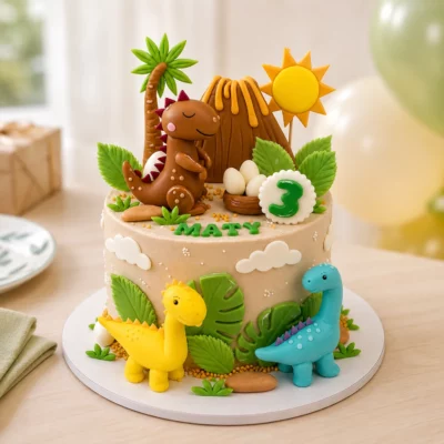 Dinosauří dort s modelovanými dinosaury, sopkou, palmou, sluncem a listy na světlém krémovém základu.