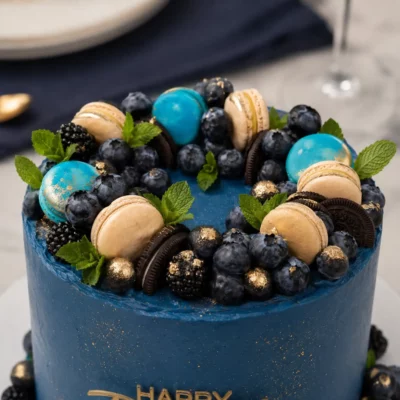 Detail horního zdobení modrého ovocného dortu s borůvkami, ostružinami, makronkami, Oreo sušenkami a lístky máty.