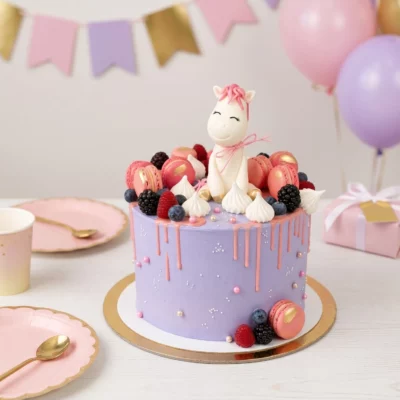 Fialkový dort s koníkem, makronkami, ovocem a růžovým dripem na světlém slavnostním stole s pastelovými dekoracemi.