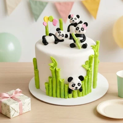 Bílý panda dort s bambusem na dětském narozeninovém stole s dárkem a jemnou výzdobou.