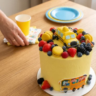 Lifestylový záběr ovocného dortu se školním autobusem při přípravě servírování na dřevěném stole.