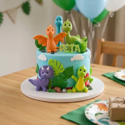 Barevný dinosauří dort se zelenými listy a modelovanými dinosaury na slavnostním stole s balónky v pozadí.
