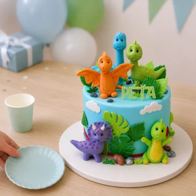Dětský dinosauří dort při přípravě slavnostního stolu s modrým talířkem a pastelovou výzdobou.