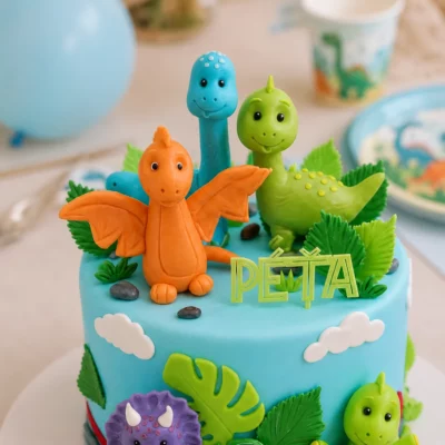 Detail horní části dinosauřího dortu s oranžovým létajícím dinosaurem, zelenými listy a modelovanými dinosaury.