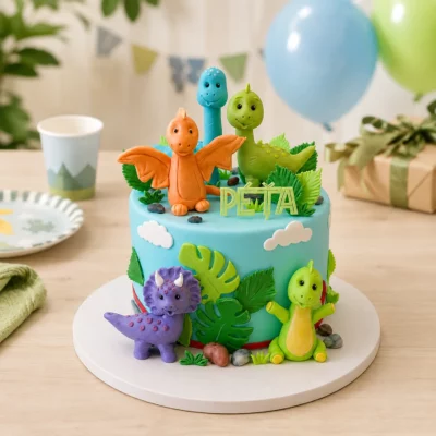 Narozeninový dinosauří dort se čtyřmi modelovanými dinosaury, zelenými listy a světle modrým základem na slavnostním stole.