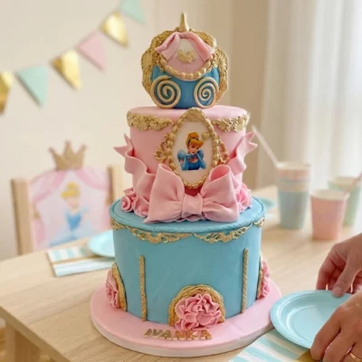 Patrový dort pro princeznu s kočárem při přípravě narozeninového stolu s modrým talířkem.