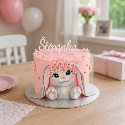 Růžový dětský dort s králíčkem na slavnostně prostřeném stole s dárkem a balónky v pozadí.