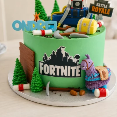 Čelní detail dortu Fortnite s logem, modelovanou lamou, stromky, lékárničkami a zeleným herním prostředím.