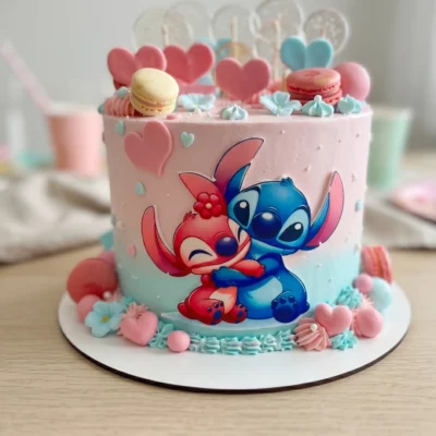 Čelní detail dortu Stitch a Angel se srdíčky s obrázkem obou postaviček, pastelovým krémem, srdíčky a drobným cukrářským zdobením.